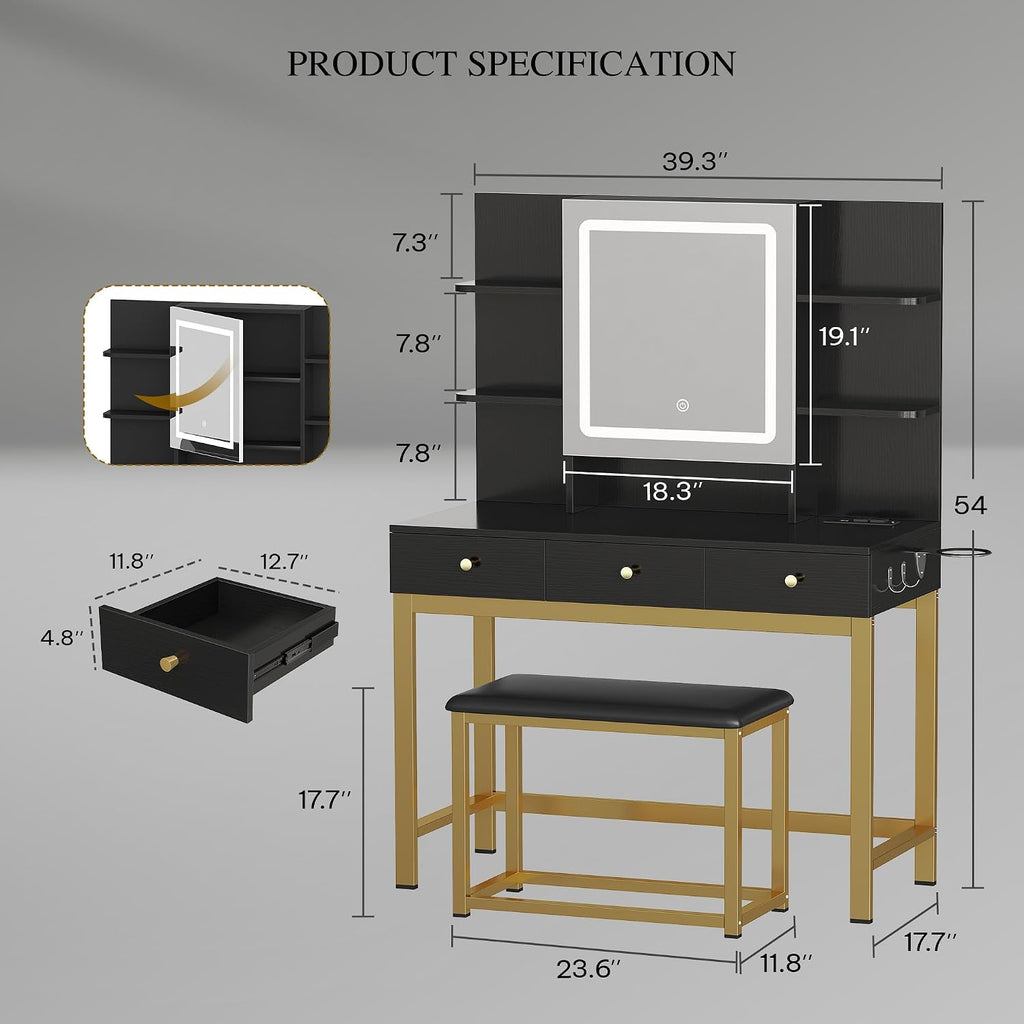 YITAHOME Vanity Desk with Mirror and Lights | Makeup Vanity Table Set with 3 Storage Drawers, Power Outlet, Chair and 6 Open Shelves, Black