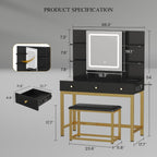 YITAHOME Vanity Desk with Mirror and Lights | Makeup Vanity Table Set with 3 Storage Drawers, Power Outlet, Chair and 6 Open Shelves, Black