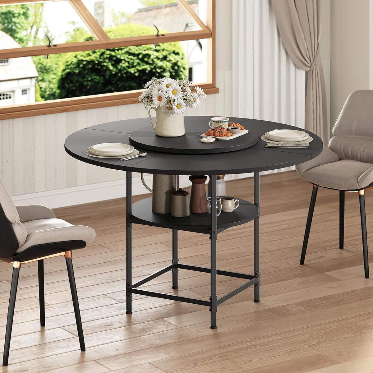 MAHANCRIS Round Dining Table for 4, Dinner Table with Storage Shelf, 47.2'' Dining Room Table, Circle Tables, Farmhouse Wood Kitchen Tables for Dining Room Living Room, Black DTBK12001