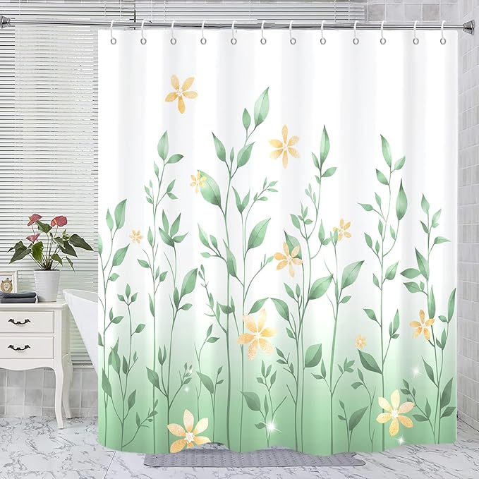 Eucalyptus Shower Curtain, Ombre Floral Leaves Plant Washable Fabric Bath Decor with 12 Hooks 72x72 inches, Mint Green