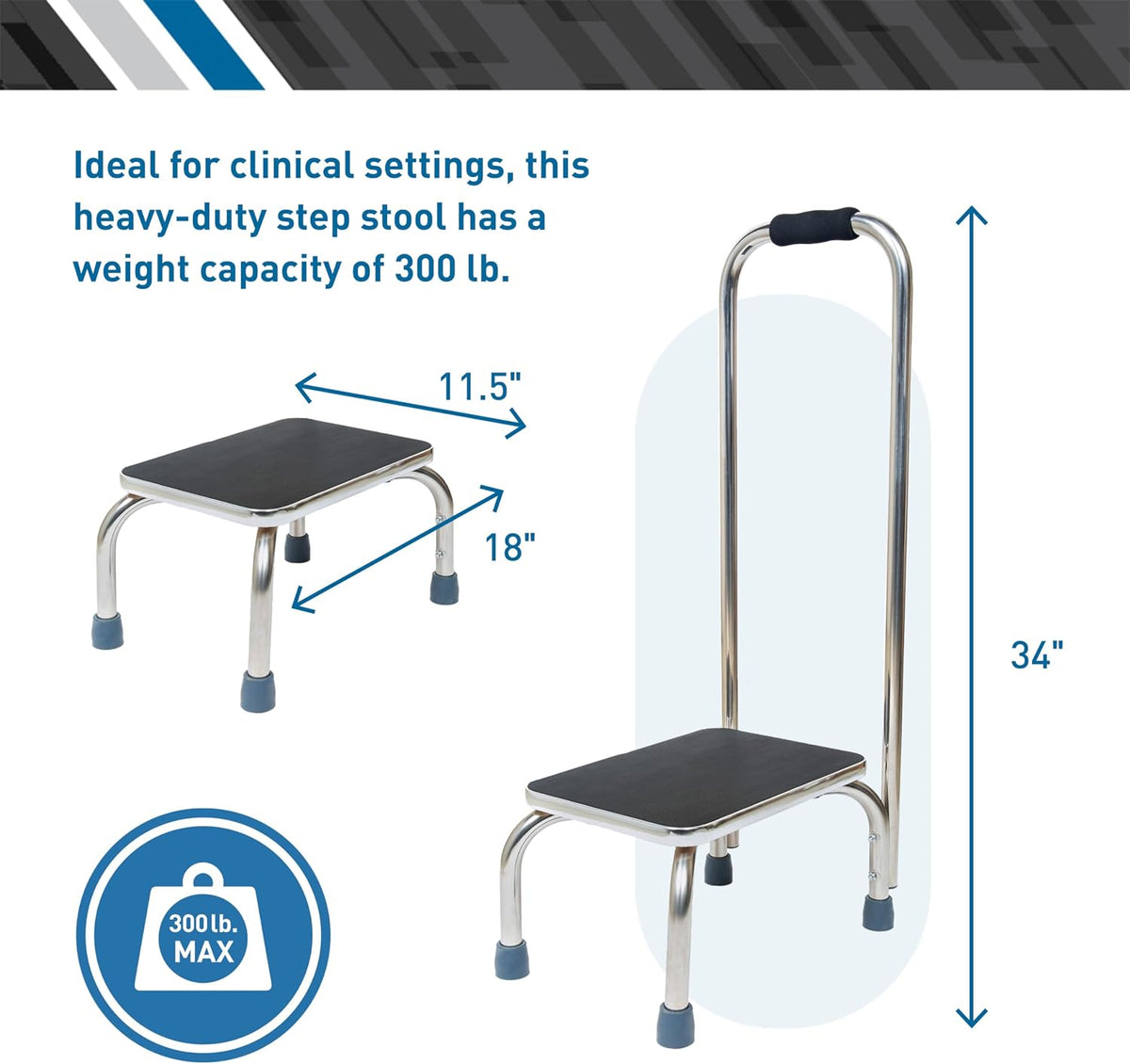 BodyMed Heavy-Duty Foot Step Stool with Handle and Non-Slip Rubber Platform for Seniors & Adults – Holds up to 300lbs, 9 ½ in. Step Up, 18”L x 11.5”W x 34”H