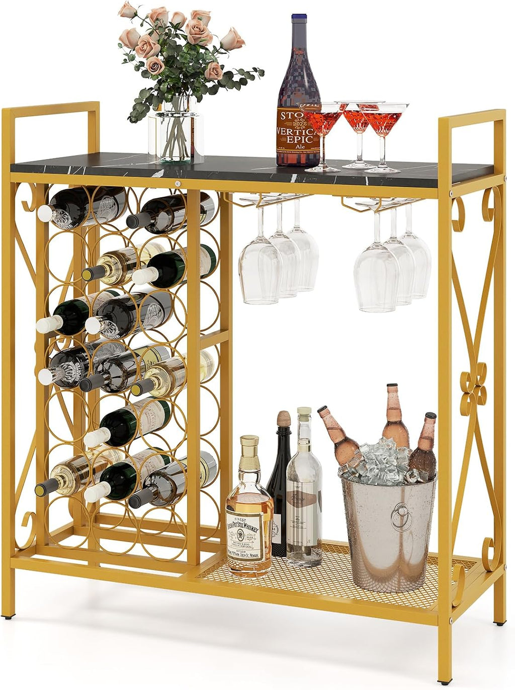 GOFLAME 21 Bottle Wine Rack, Freestanding Floor Wine Bottle Organizer w/Glass Holder & Wooden Countertop, Metal Frame Rustic Liquor Stand with Storage Shelf for Kitchen, Dining Room (Golden & Black)