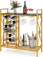 GOFLAME 21 Bottle Wine Rack, Freestanding Floor Wine Bottle Organizer w/Glass Holder & Wooden Countertop, Metal Frame Rustic Liquor Stand with Storage Shelf for Kitchen, Dining Room (Golden & Black)