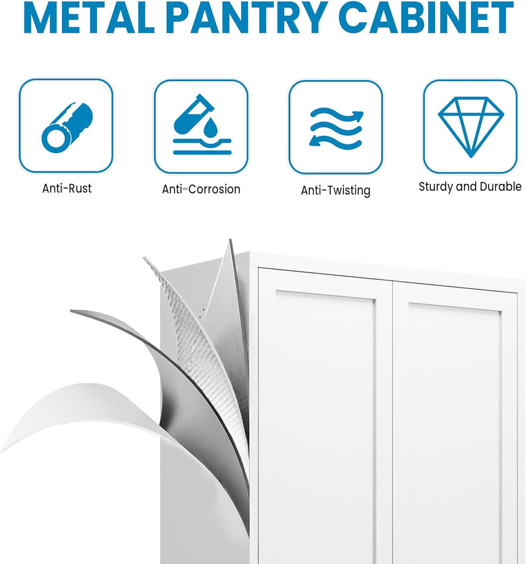 White Steel Pantry Cabinet with 2 Adjustable Shelves, Metal Storage Cabinets for Kitchen, Living Room, Bathroom, Heavy Duty Freestanding Utility Cabinet, Assembly Require