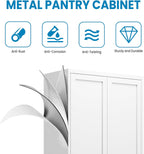 White Steel Pantry Cabinet with 2 Adjustable Shelves, Metal Storage Cabinets for Kitchen, Living Room, Bathroom, Heavy Duty Freestanding Utility Cabinet, Assembly Require