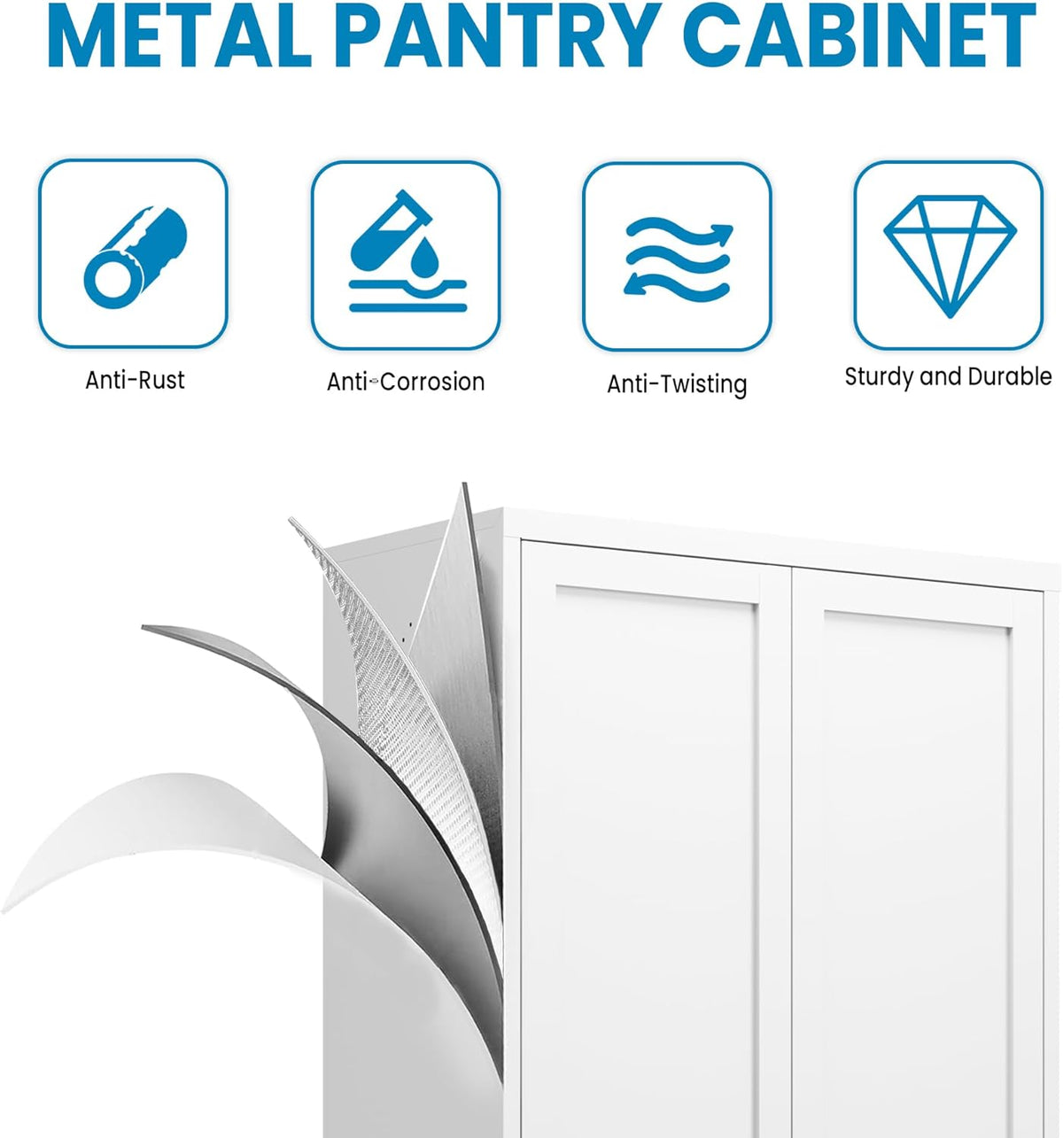 White Steel Pantry Cabinet with 2 Adjustable Shelves, Metal Storage Cabinets for Kitchen, Living Room, Bathroom, Heavy Duty Freestanding Utility Cabinet, Assembly Require