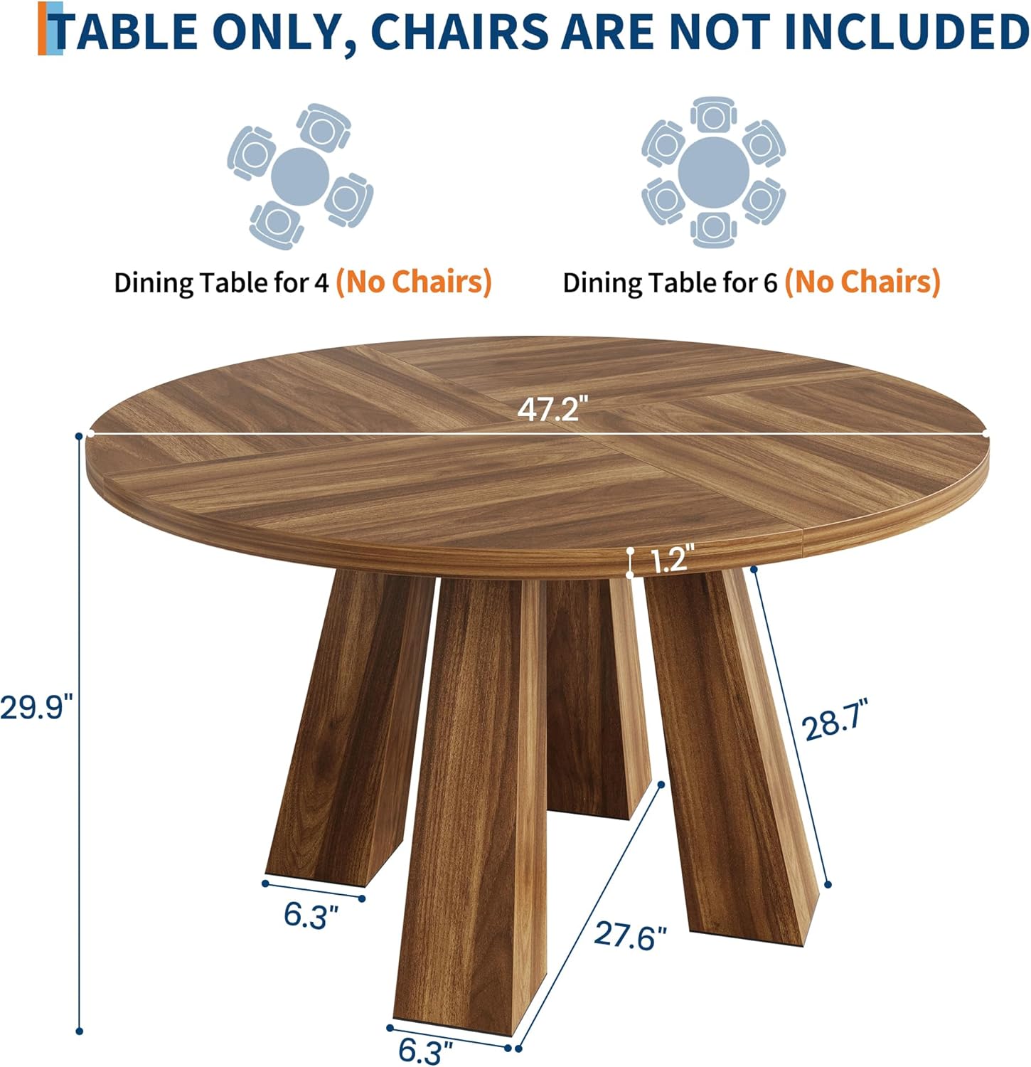 47 Inch Round Farmhouse Dining Table for 4-6, Heavy-Duty 4-Leg Sturdy Wood Kitchen Table, Walnut Circle Dinner Table Ideal for Dining Room & Living Room