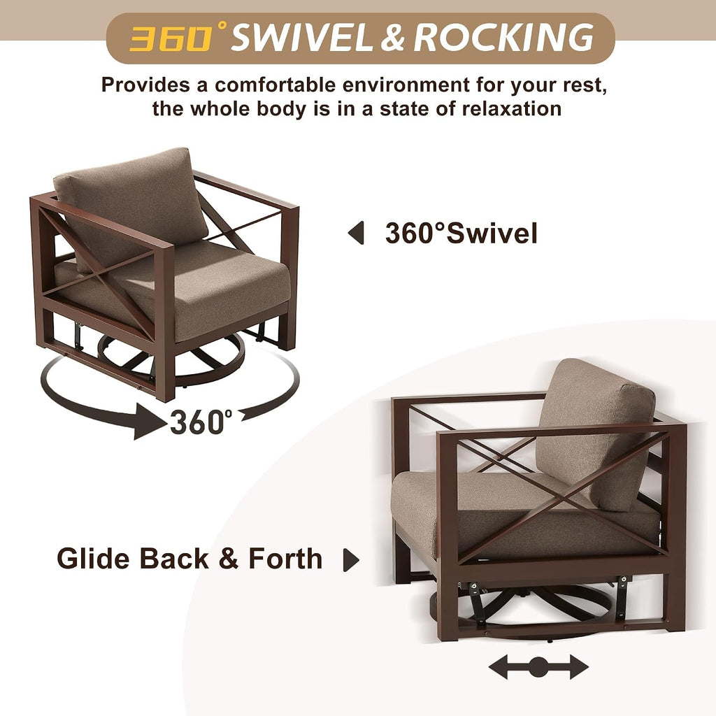 3 Piece Patio Outdoor Aluminum Swivel Rocking Chair with Coffee Table and 6" Thickened Cushions, All Weather Outdoor Furniture Chairs for Garden, Poolside, Deck-Brown