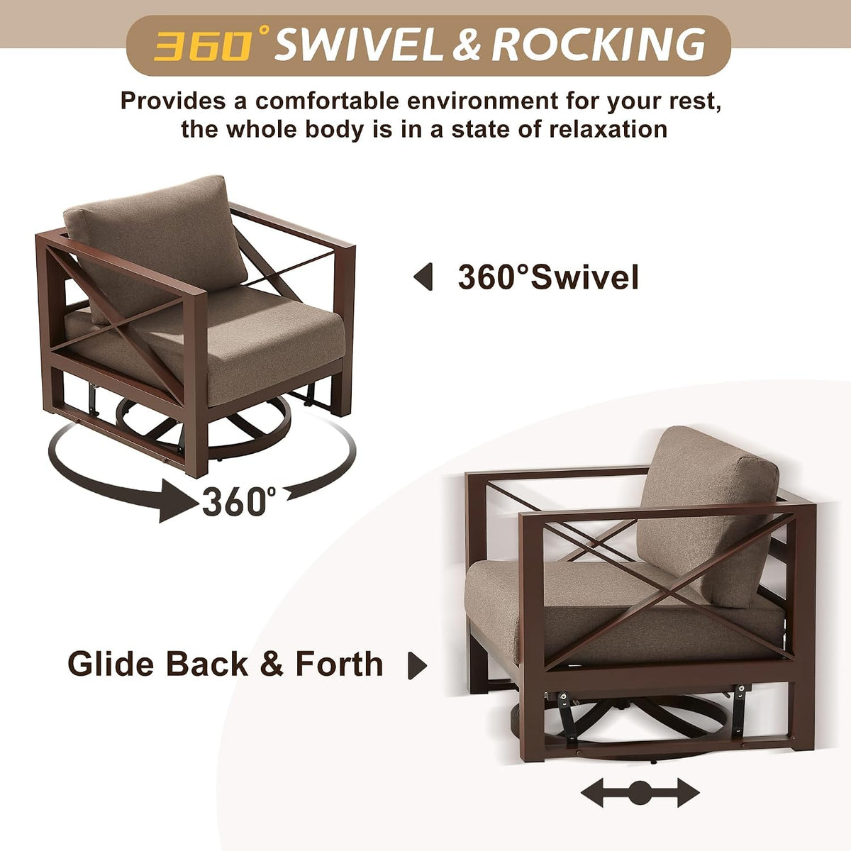 3 Piece Patio Outdoor Aluminum Swivel Rocking Chair with Coffee Table and 6" Thickened Cushions, All Weather Outdoor Furniture Chairs for Garden, Poolside, Deck-Brown