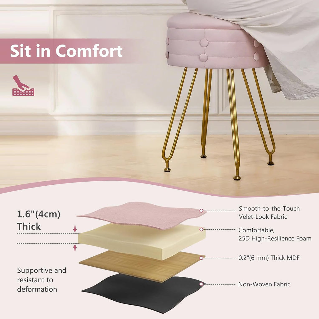 VECELO Round Velvet Vanity Stool with Storage, Faux Fur Padded Makeup Chair with 4 Metal Legs for Bedroom, Pink