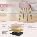 VECELO Round Velvet Vanity Stool with Storage, Faux Fur Padded Makeup Chair with 4 Metal Legs for Bedroom, Pink