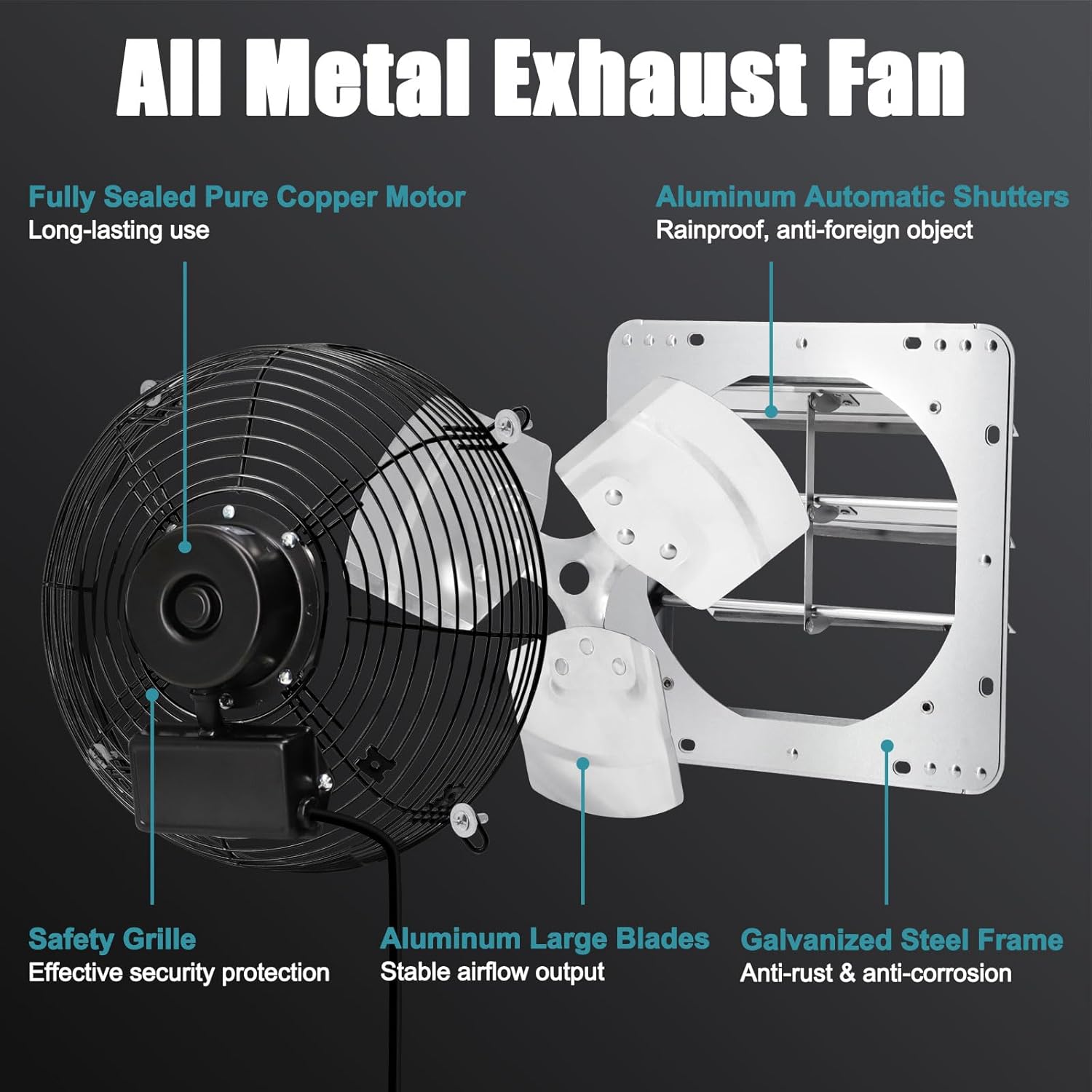 Criditpid 14 Inch Shutter Exhaust Fan, Wall Mounted Vent Fan for Garage, Attic, Greenhouse, Shop, Chicken Coop, 1088 CFM 1450 RPM High-Speed Louvered Exhaust Fan with ON/OFF Switch 1.8M Power Cord Kit