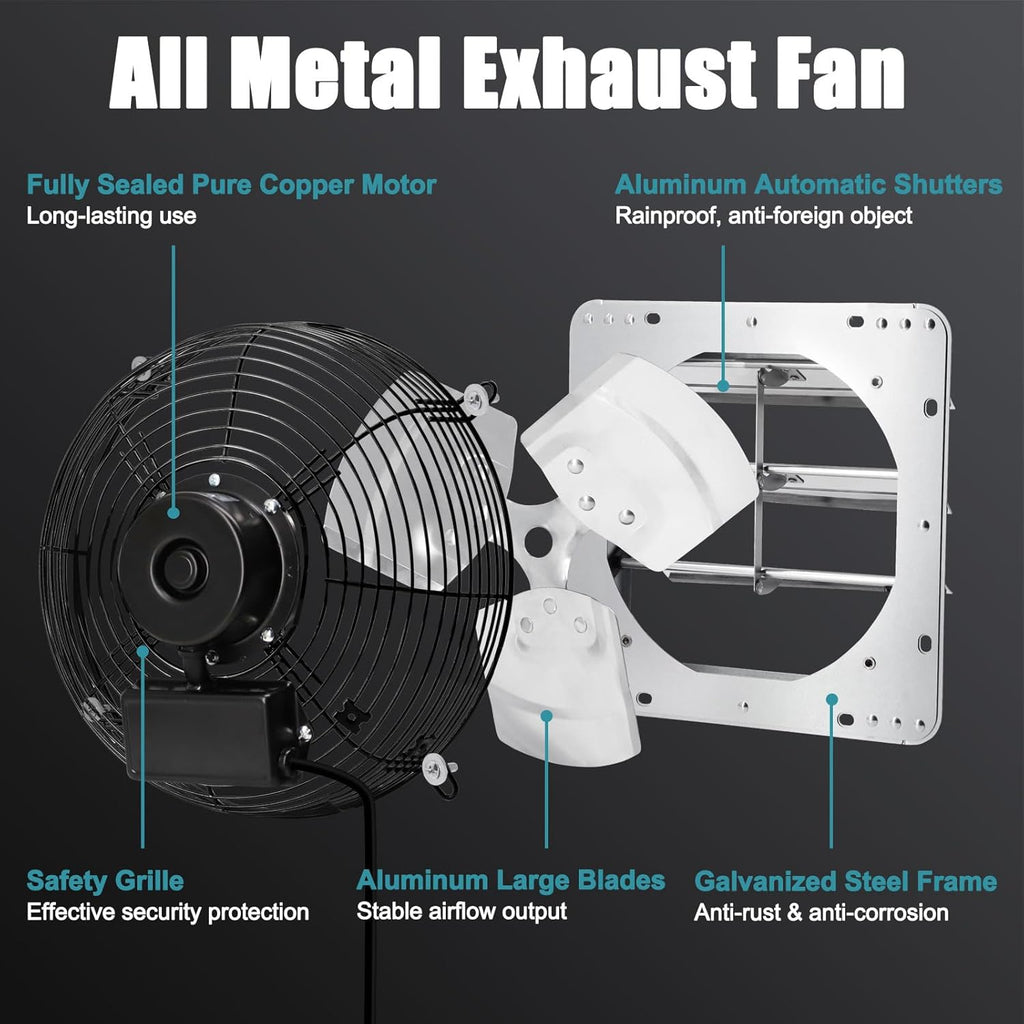 Criditpid 14 Inch Shutter Exhaust Fan with Speed Controller and Power Cord for Garage, Greenhouse, Attic, Chicken Coop, Shop, Shed, Basement Ventilation, 1088 CFM 1450 RPM Wall Mounted Exhaust Fan.