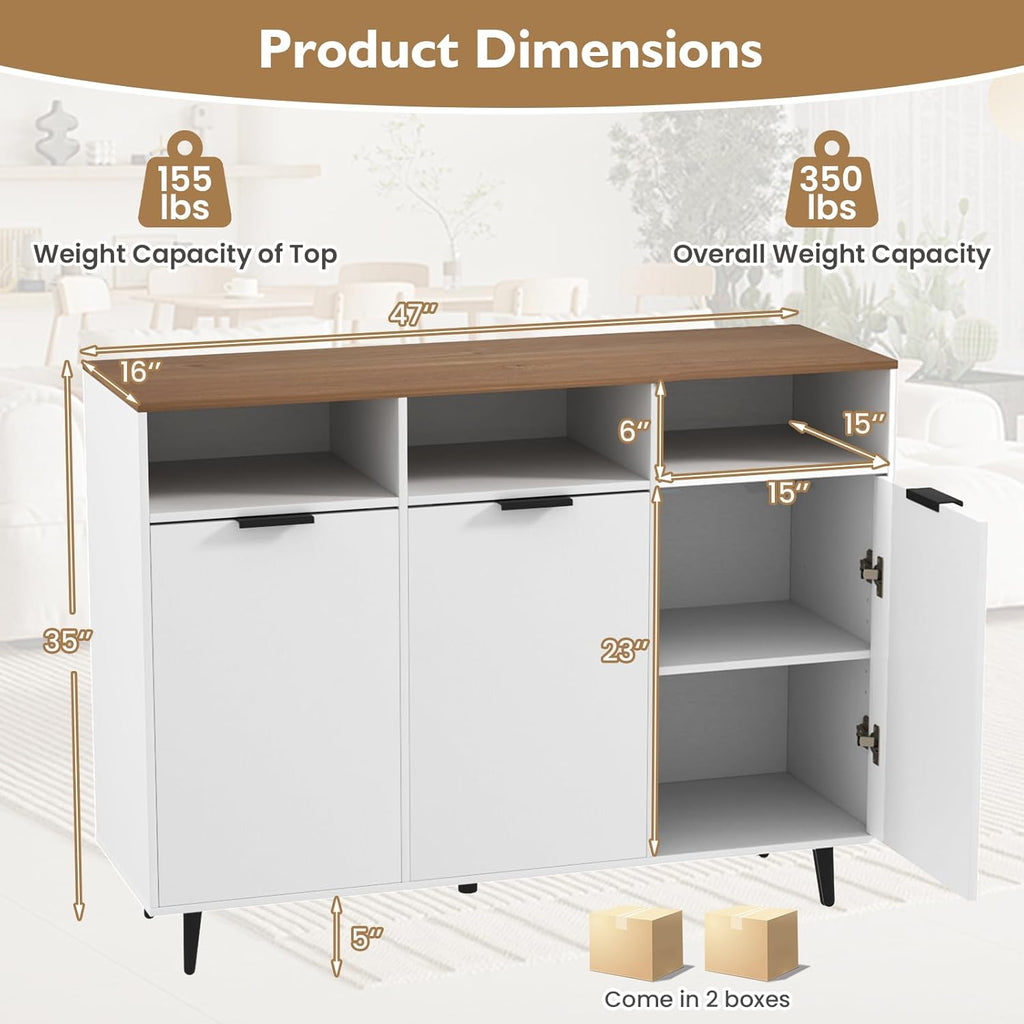 Giantex Sideboard Cabinet - 47” Buffet Cabinet with Storage Compartments, Countertop, 3 Doors Kitchen Cabinets, Modern Furniture for Living Room, Entryway, Coffee Bar (White & Natural)