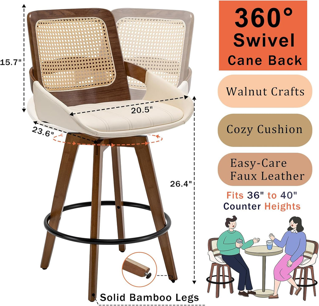Mid Century Modern Counter Stools, Rattan Swivel Counter Stools with Back | Natural Bentwood Frame, Rattan Back, Walnut Finish, Faux Leather Upholstered Seat, Counter Chairs for Island, Kitchen, Cafe