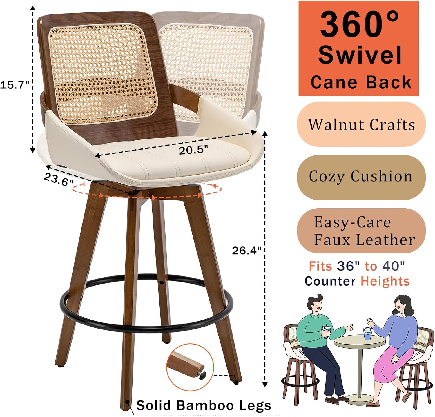 Mid Century Modern Counter Stools, Rattan Swivel Counter Stools with Back | Natural Bentwood Frame, Rattan Back, Walnut Finish, Faux Leather Upholstered Seat, Counter Chairs for Island, Kitchen, Cafe
