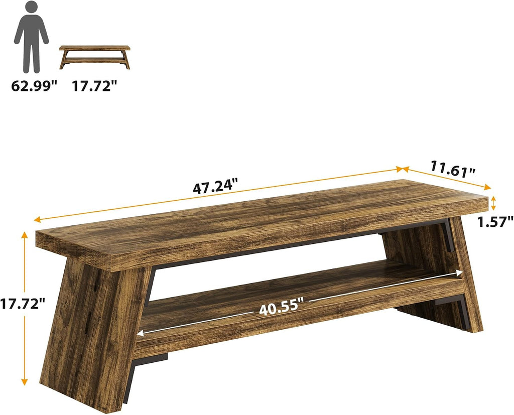 47 inch Entryway Bench, Wood Entry Bench for Shoe Storage, 2-Tier Modern Farmhouse Long Shoe Bench for Hallway, Front Door, Bedroom, Living Room, Closet, Mudroom, Rustic Brown