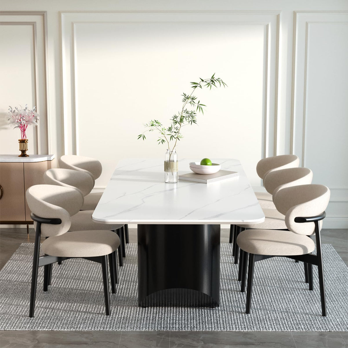 Modern White Dining Table for 6 to 8 People, 70.9" High Hardness Sintered Stone Table for Dining Room and Easy Maintenance - Half-Round Stainless Steel Base(Table Only)