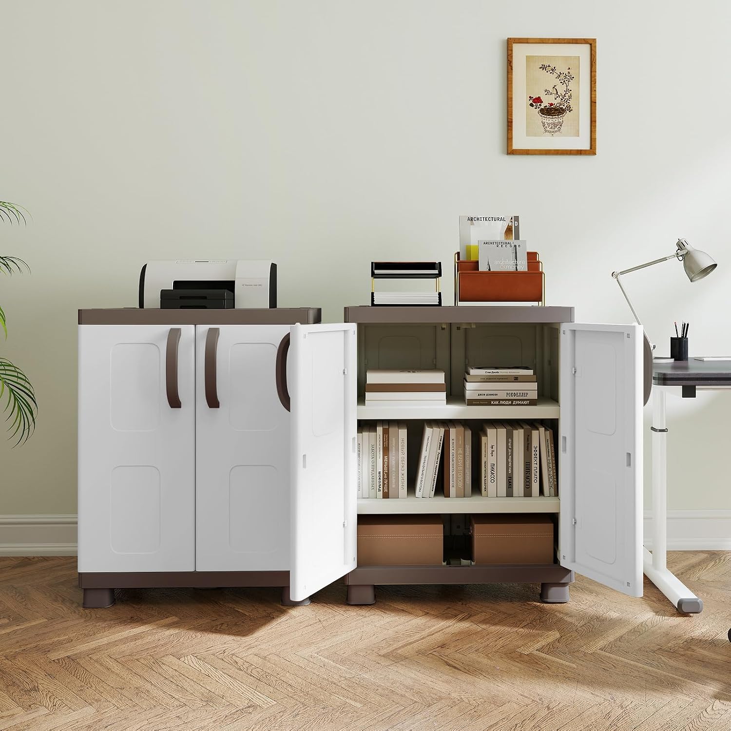 GIANTEX Storage Cabinet with 2 Doors and Adjustable Shelves, Modern Plastic Base Garage Organizer, Floor Sideboard for Kitchen, Dining Room, Bathroom (Wide-29"x19"x37",White+Brown)