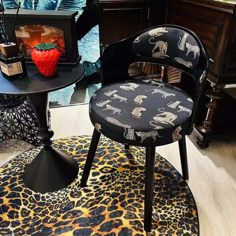 Etlegor Retro Wood Swivel Vanity Chair with Back, American Round Makeup Chair, Upholstered Accent Armchair for Home/Office/Bedroom(Black-B)