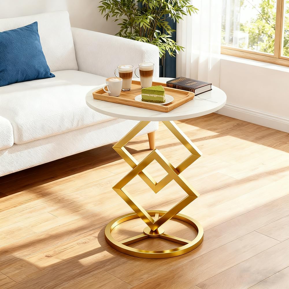 Boho Round Side Table Living Room, Luxurious Marble Desktop end Tables with Simple Aesthetic Metal Base, Modern Decor Bedside nightstand Coffee Snack Table for Bedroom Sofa Patio Balcony