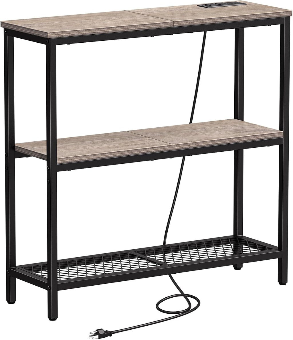 Snughome 3 Tier Narrow 29.5" Console Table with Power Outlets (Grey) | Thin Sofa Side Display Table, Small Entryway Table with 2 USB, 2 Power Outlets, Behind Couch Table, for Living Room, Hallway