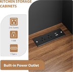 GarveeHome Pantry Cabinet with Charging Station, Tall Kitchen Pantry Storage Cabinet with Hutch,70.8 Inch Kitchen Cabinet with 30mm Thickened Countertop, Fluted Glass Doors, for Dining Room, Balck
