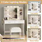 Vabches White Makeup Vanity Desk with Lighted Mirror & Charging Station | 2 Large Drawers，Vanity Mirror 3 Lighting Color Adjustable,Cushioned Stool,Storage Drawers and Shelves