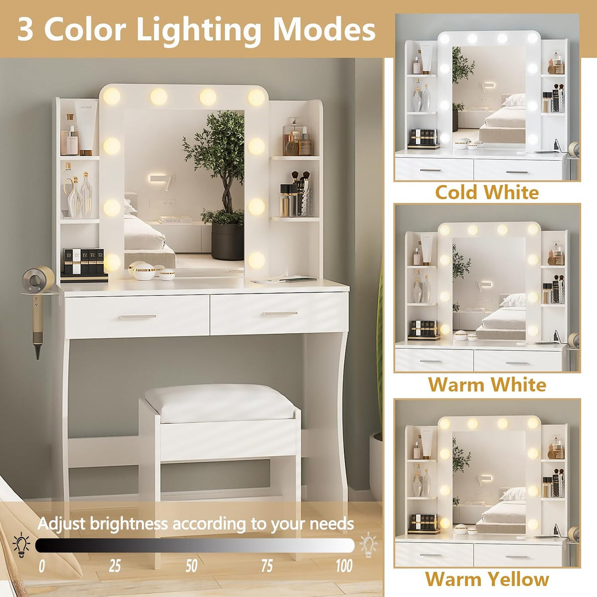Vabches White Makeup Vanity Desk with Lighted Mirror & Charging Station | 2 Large Drawers，Vanity Mirror 3 Lighting Color Adjustable,Cushioned Stool,Storage Drawers and Shelves