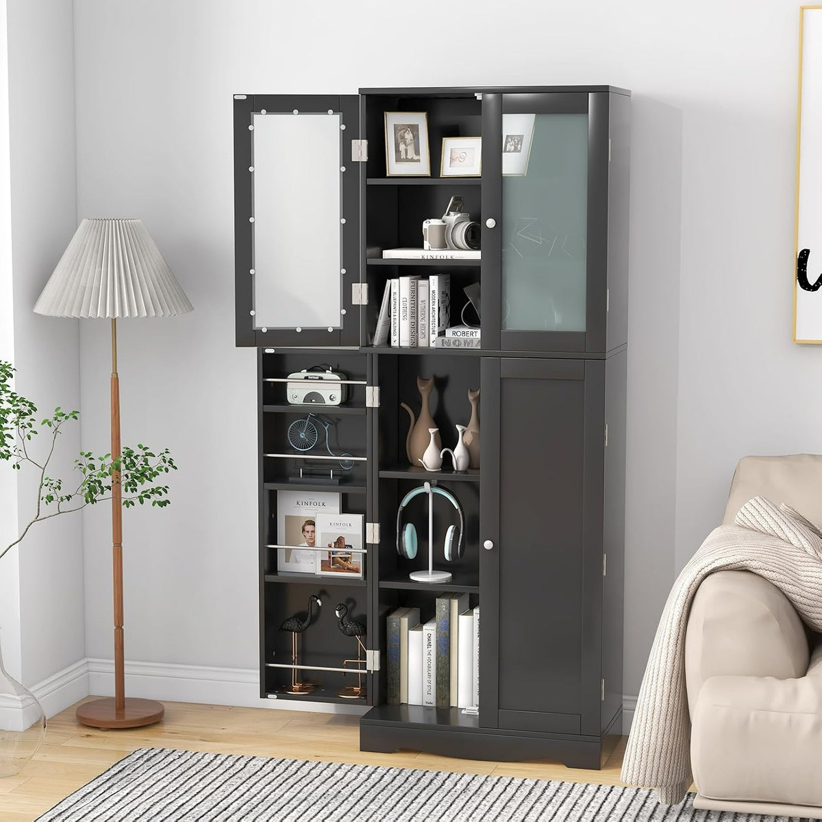 LOKO 63.5" Tall Kitchen Pantry Storage Cabinet, Freestanding Food Storage Cabinet with Glass Doors, Storage Shelves & Door Racks, Modern Cupboard for Dining Room, Living Room (Black)