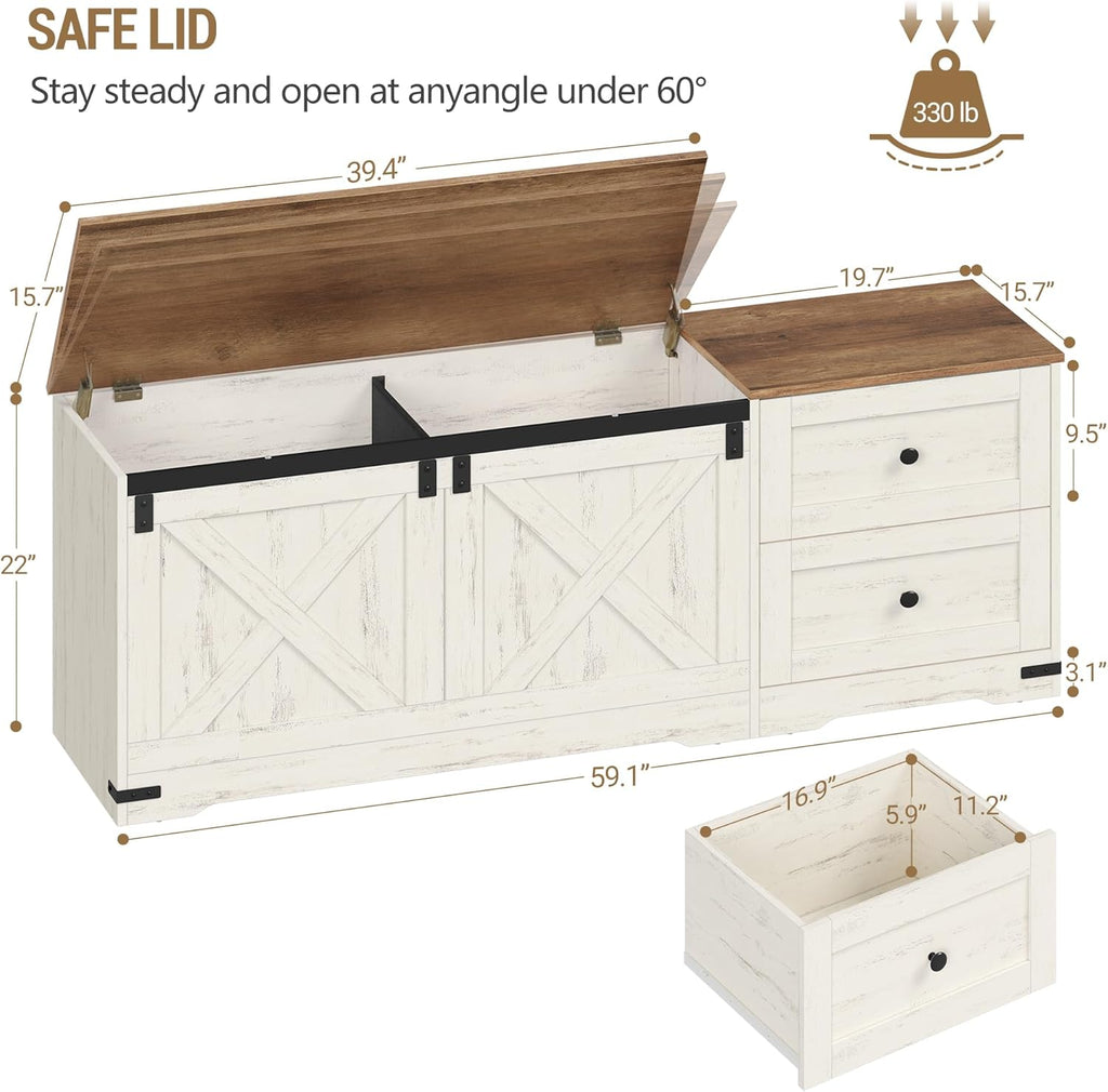 Hzuaneri Storage Chest, 58" Extra Large Storage Bench with Double Drawers, Farmhouse Style Wooden Chest Bench with Barn Door, Large Trunk for Living Room, Bedroom, or Entryway, Antique White SB15114X