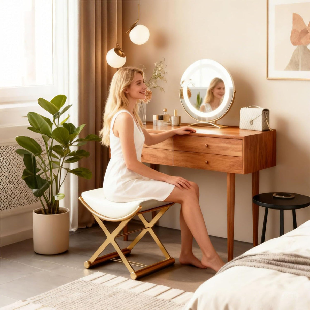 Vanity Stool Chair - Upholstered Makeup Stool with Leather Cushion - Modern Small Ottoman for Bedroom, Living Room, and Bathroom