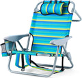 Portable Recliners Chair for Adults, Outdoor Camping Chair Lay Flat Folding Backpack Reclining Chair with 5 Positions, Headrest, Zipper Pouch, Cup Holder, NEW Srtiped