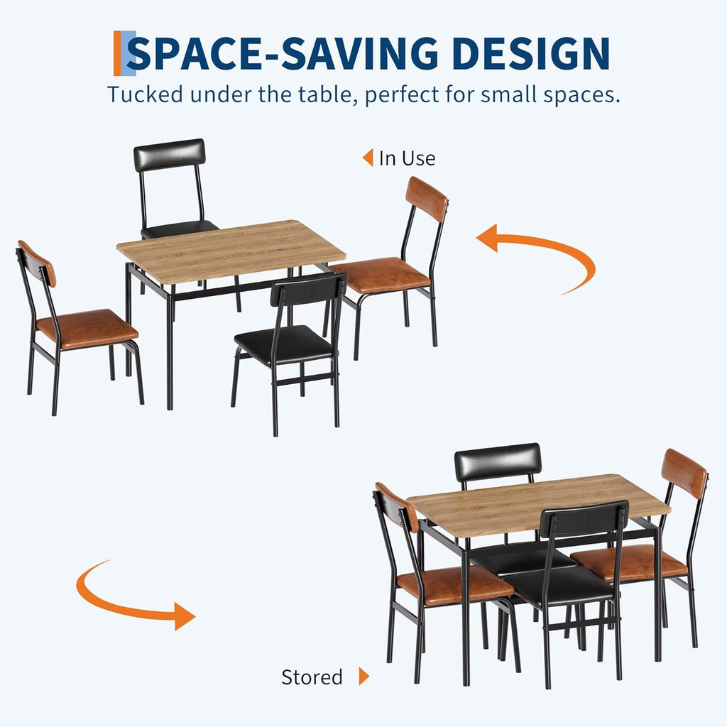 Takywep Dining Table Set for 4 – Wooden Kitchen Table with 4 PU Upholstered Chairs, Industrial Metal Frame Kitchen & Dining Set for Home, Apartment, Studio, Brown & Black