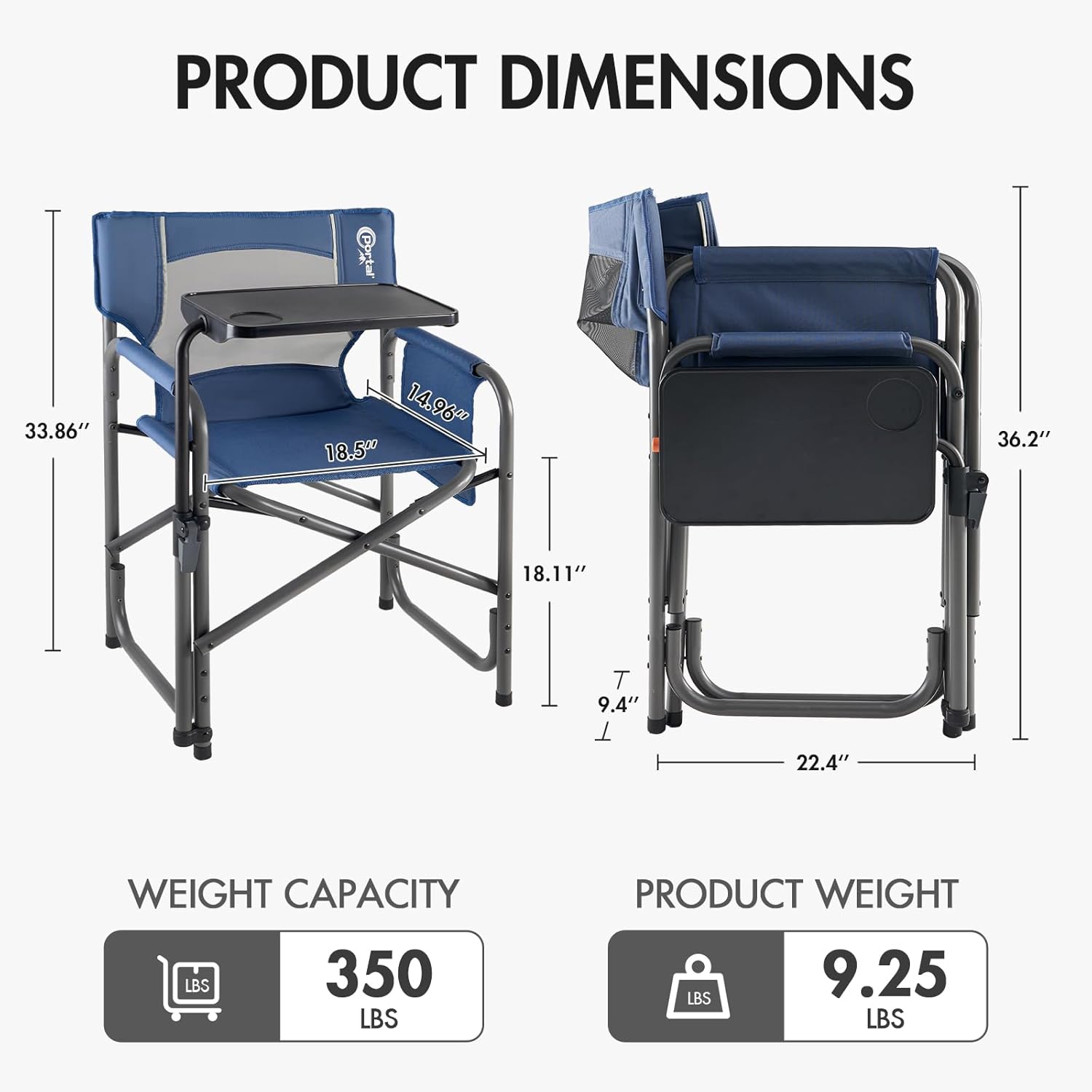 Portal Folding Director Chair with 2-Way Rotating Side Table, Heavy Duty 300 lb Camping Chair with Swivel Tray & Cup Holder, Ergonomic Mesh Back Portable Outdoor Seat for RV, Tailgating & Lawn, Blue
