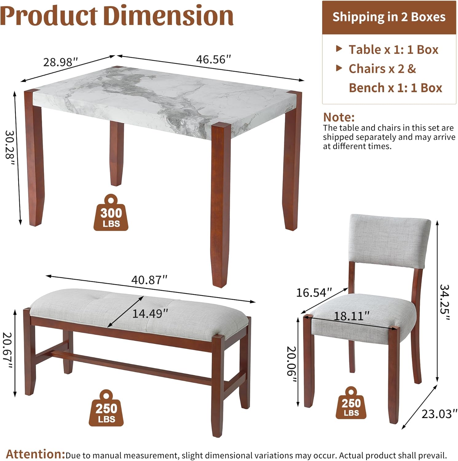 Merax 4 Piece Dining Table Set, Faux Marble Table and 2 Upholstered Chairs 1 Bench, 4 Person Dinette Set for Kitchen, Dining Room, Space-Saving, Beige