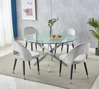 36" Luxury Glass Dining Table Set for 2, 3 Piece Modern Round Dining Tables with 2 White Leather Chairs, Dining Room Tables with Stainless Steel Base, Silver Kitchen Table and Chair Set for 2