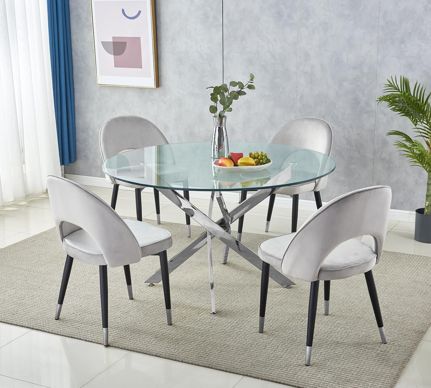 36" Luxury Glass Dining Table Set for 2, 3 Piece Modern Round Dining Tables with 2 White Leather Chairs, Dining Room Tables with Stainless Steel Base, Silver Kitchen Table and Chair Set for 2