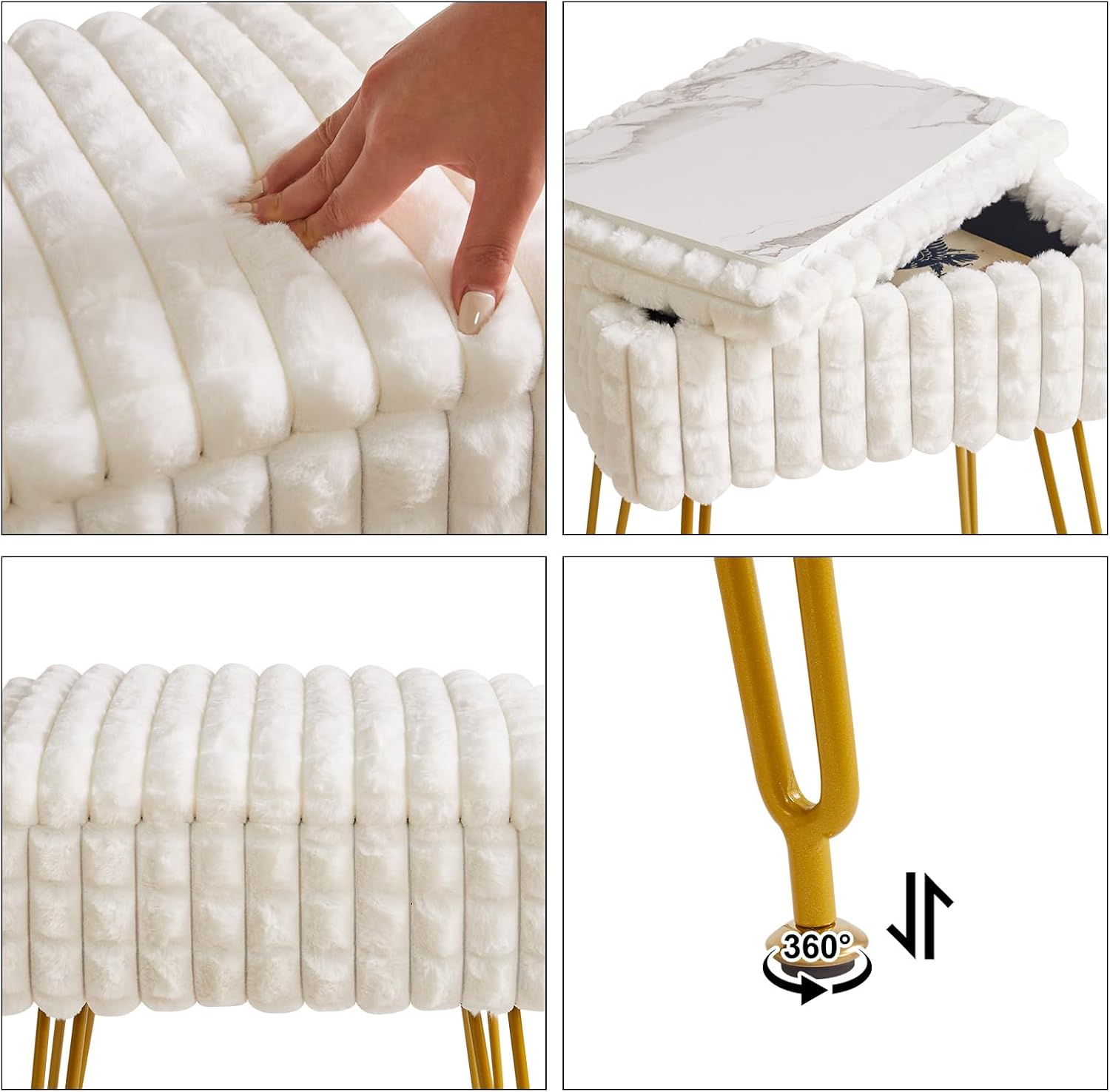 IBUYKE Rectangle Vanity Chair Ottoman, Footrest Stool, White WBD004W | Storage Space Footstool Vanity Stool Dressing Table Chair Anti-Slip Feet Makeup Room Bedroom Square Grid Pattern