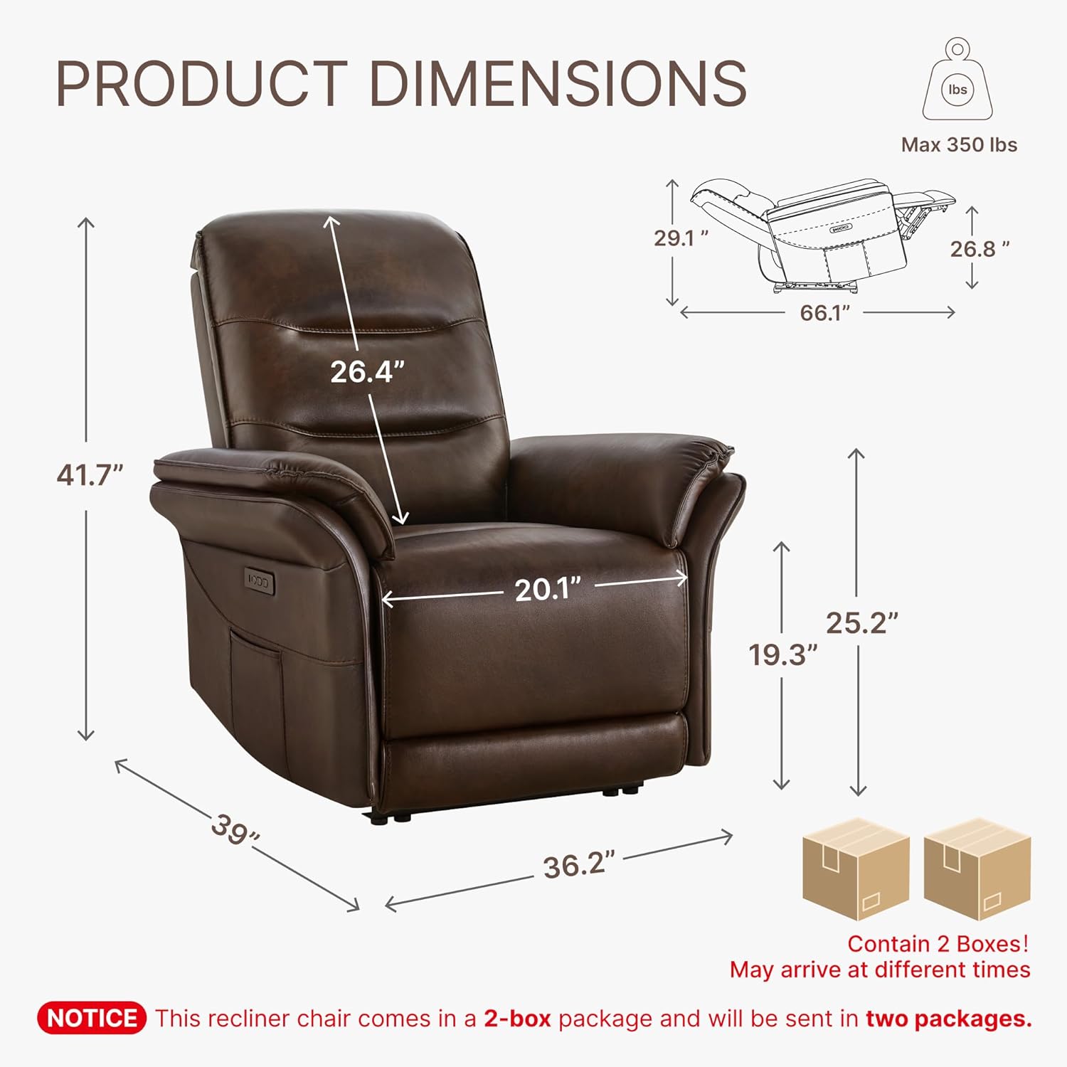 KISLOT Dual Motor Power Recliner Chair,Zero Gravity USB & Type-C, Espresso