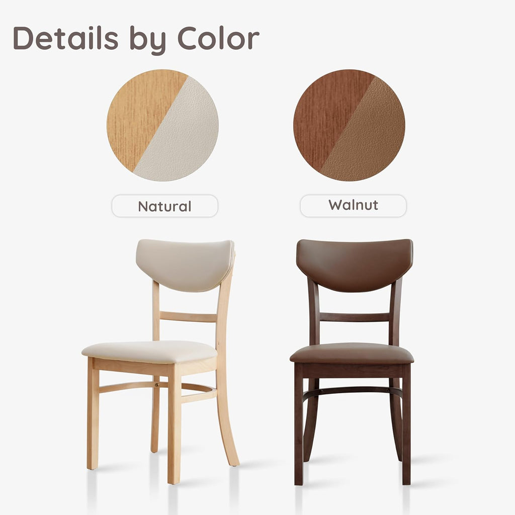 Livinia Bay Dining Chair Set of 2, Solid Malaysian Oak PU Leather Upholstered Cushion Seat, Curved Back Side Chairs (Walnut)