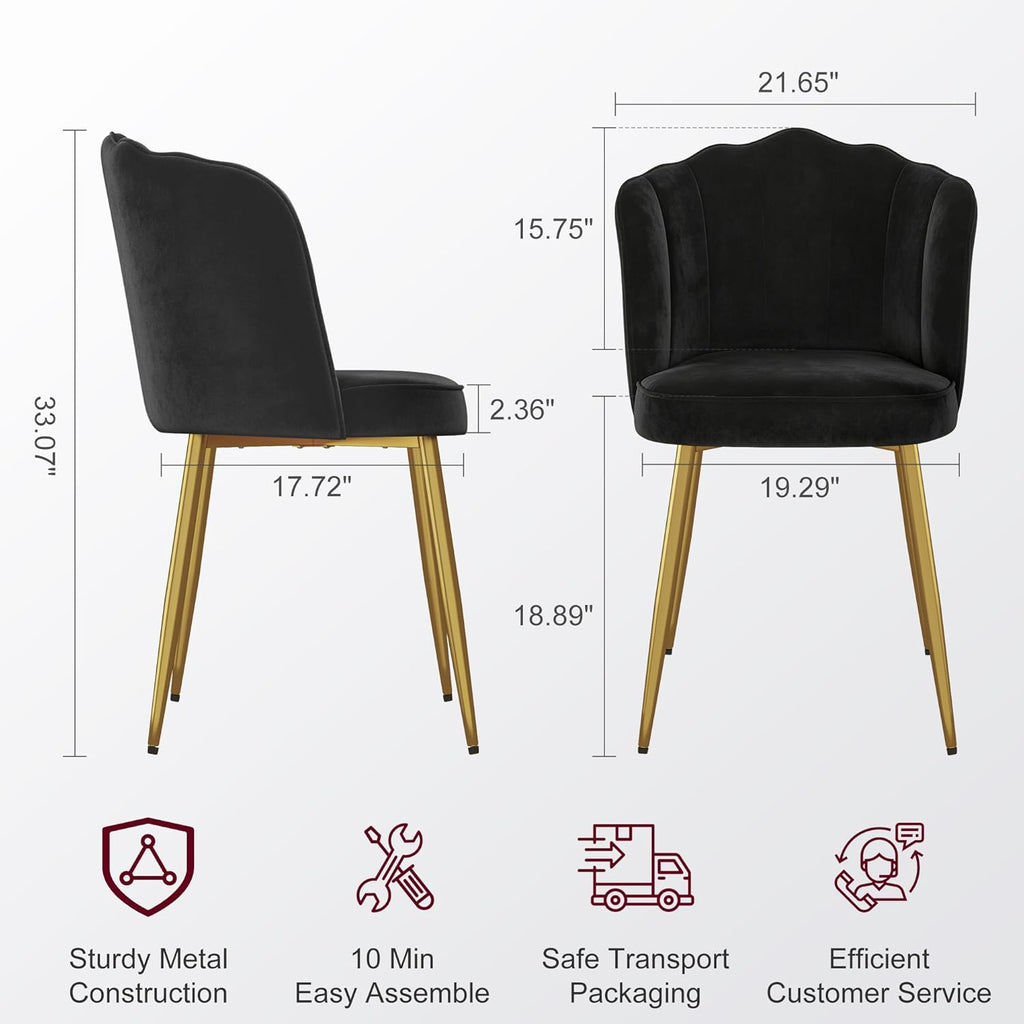 VECELO Velvet Dining Chairs Set of 2, Modern Upholstered Kitchen Chairs with Thick Cushions, Curved Padded Backrest and Metal Legs, for Kitchen, Dining Room, Living Room, Black
