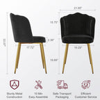 VECELO Velvet Dining Chairs Set of 2, Modern Upholstered Kitchen Chairs with Thick Cushions, Curved Padded Backrest and Metal Legs, for Kitchen, Dining Room, Living Room, Black