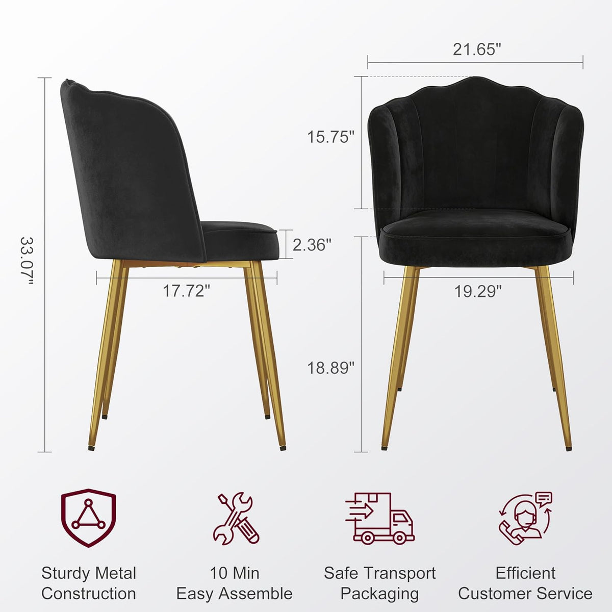 VECELO Velvet Dining Chairs Set of 2, Modern Upholstered Kitchen Chairs with Thick Cushions, Curved Padded Backrest and Metal Legs, for Kitchen, Dining Room, Living Room, Black