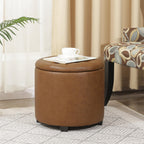 Adeco Brown Upholstered Round Faux Leather Storage Ottoman with Solid Wood Grain Plastic Legs | Tufted Foot Rest Ottoman for Living Room & Bedroom | Decorative Home Furniture