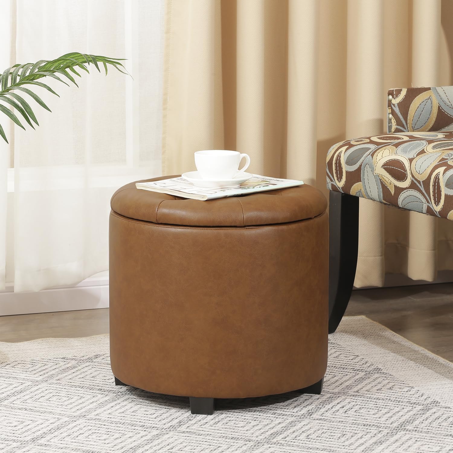 Adeco Brown Upholstered Round Faux Leather Storage Ottoman with Solid Wood Grain Plastic Legs | Tufted Foot Rest Ottoman for Living Room & Bedroom | Decorative Home Furniture