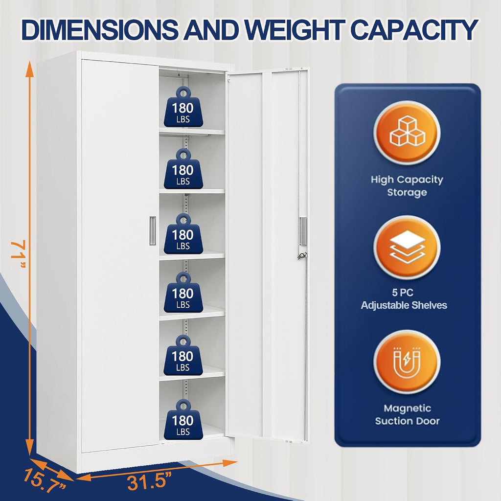 BESFUR Metal Storage Cabinet with 2 Doors and 5 Adjustable Shelves Garage Storage Cabinet with Lock 71" Office Storage Cabinets Locking Cabinets for Garage Office Shop Home (White)