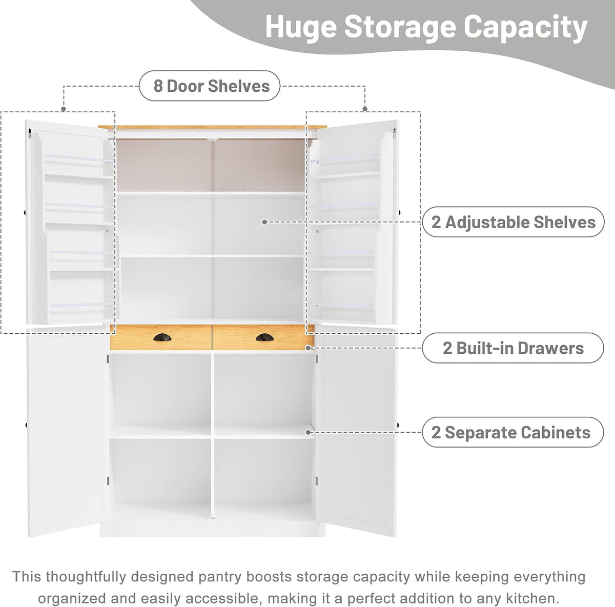71.3 Inch Tall Freestanding Kitchen Pantry Cabinet, Large Food Storage Cupboard with 2 Drawers, 2 Adjustable Shelves and 8 Door Shelves, Utility Storage Cabinet for Kitchen & Dining Room,White