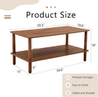 Modern Double-Layer Living Room Coffee Table, Rectangular Center Table with Open Storage Rack, Circular Rubber Wooden Leg Coffee Table, Stable and Durable, Easy to Assemble (Walnut + MDF)