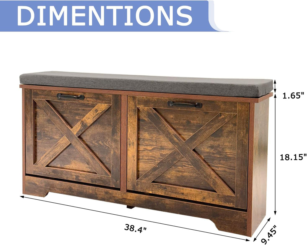 Shoe Storage Bench with 2 Flip Drawers & Barn Doors, Entryway Shoe Cabinet with Adjustable Shelves and Cushioned Seat,Shoe Organizer Storage Bench for Hallway, Living Room, Bedroom, Brown